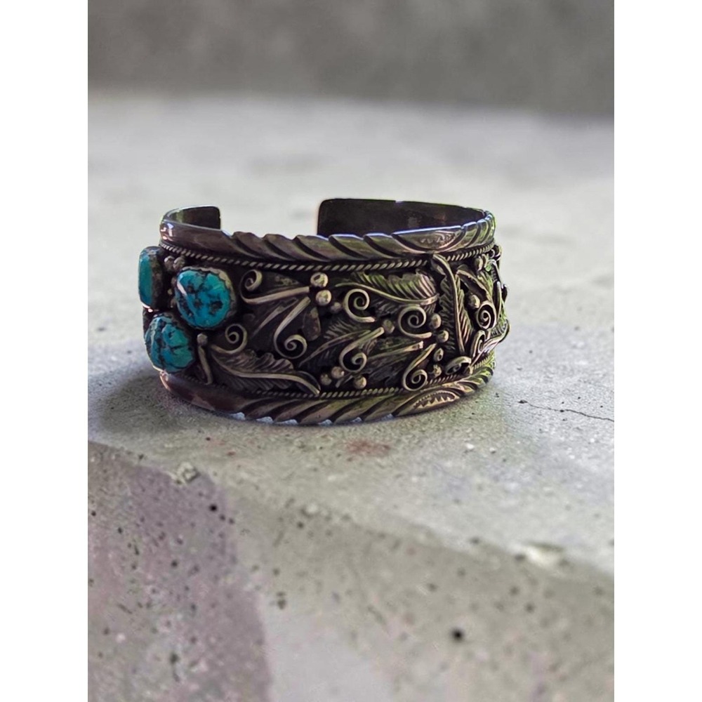 K.Mtz Sterling Silver Turquoise Mens Wide Chunky Cuff Bracelet Vintage Handcraft